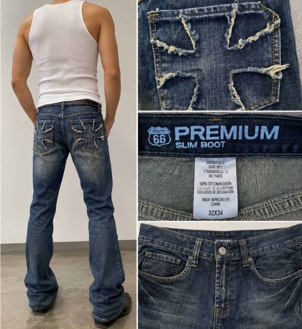 Nwt Y2K Indie Sleaze grunge Route 66 Slim Bootcut Jeans 32x34 Distressed Indigo
